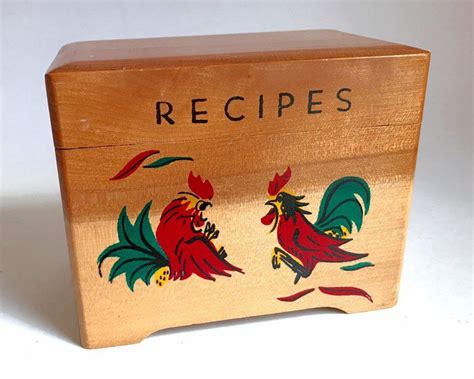 Wooden Recipe Box w/Metal Rooster on Front Rare Vintage 